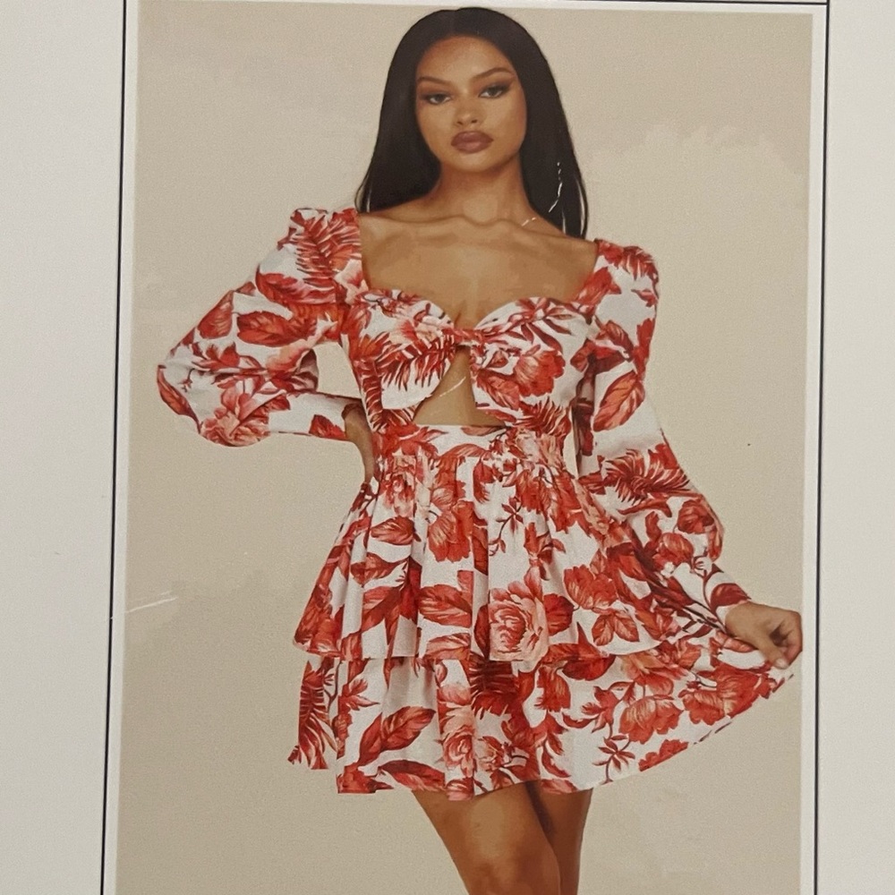Floral print long sleeve Shirred back ruffled cutout mini dress - Picture 11 of 11
